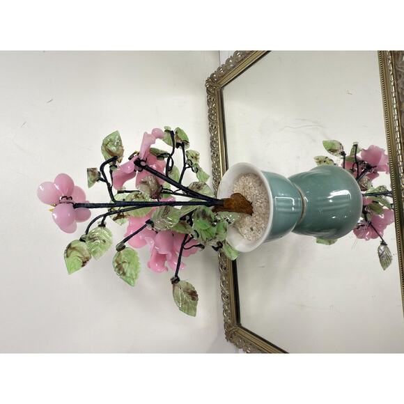 Beautiful Vintage Jade Glass Bonsai Tree Pink Flower Rose, Green Celadon Pot - Picture 9 of 10